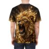 Back view of a man wearing a t-shirt featuring a large, gold, roaring lion head graphic with black ink splashes.