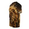 Side profile of a black t-shirt featuring an artistic golden lion head graphic with abstract paint splatter details.