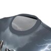 All over print t-shirt featuring a robotic character design with a stormy, lightning-filled sky and rain graphic.