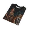 All over print t-shirt featuring a royal Indian woman in traditional attire standing beside a tiger in a dark forest scene.