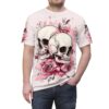 Two skulls and pink roses all over print sublimation tee with watercolor splashes and distressed effect.