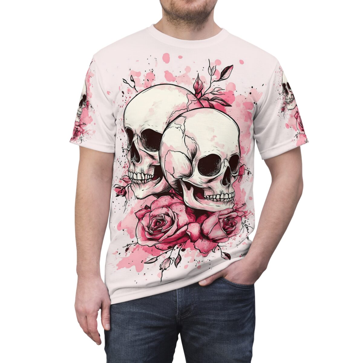 Two skulls and pink roses all over print sublimation tee with watercolor splashes and distressed effect.