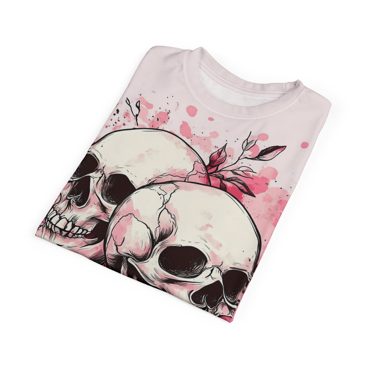 Pink watercolor graphic tee with two skulls and floral accents, featuring a grunge aesthetic and soft aesthetic design.