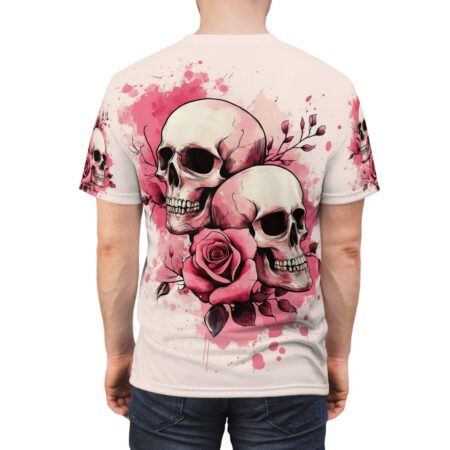 Skulls and pink roses sublimation tee with an all-over print featuring grunge aesthetic and cyber grunge elements.