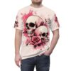 All over print sublimation tee featuring a vintage pattern of skulls and roses with pink watercolor splashes.