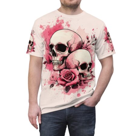 All over print sublimation tee featuring a vintage pattern of skulls and roses with pink watercolor splashes.
