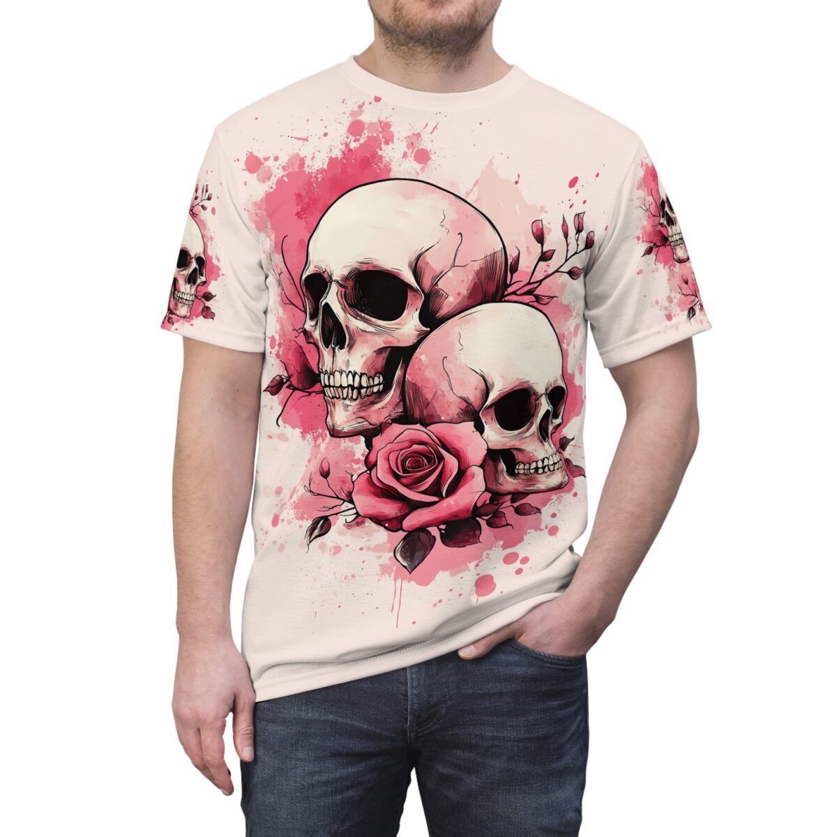 All over print sublimation tee featuring a vintage pattern of skulls and roses with pink watercolor splashes.
