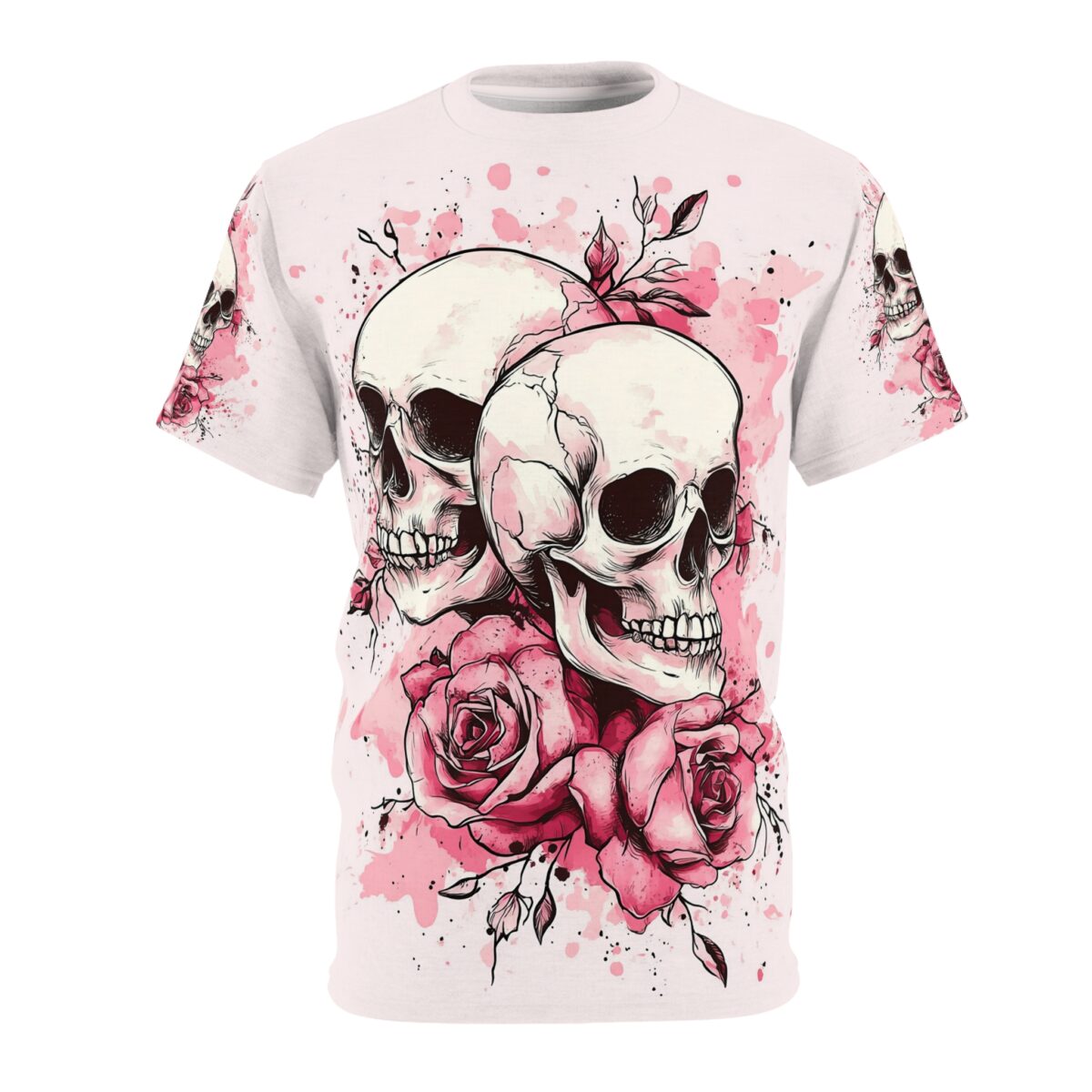 White all over print t-shirt with pink watercolor splashes, featuring two realistic skulls and blooming roses. Streetwear aesthetic design.