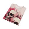 Two skulls with roses sublimation tee, featuring a vintage pattern and watercolor splatter graphic.