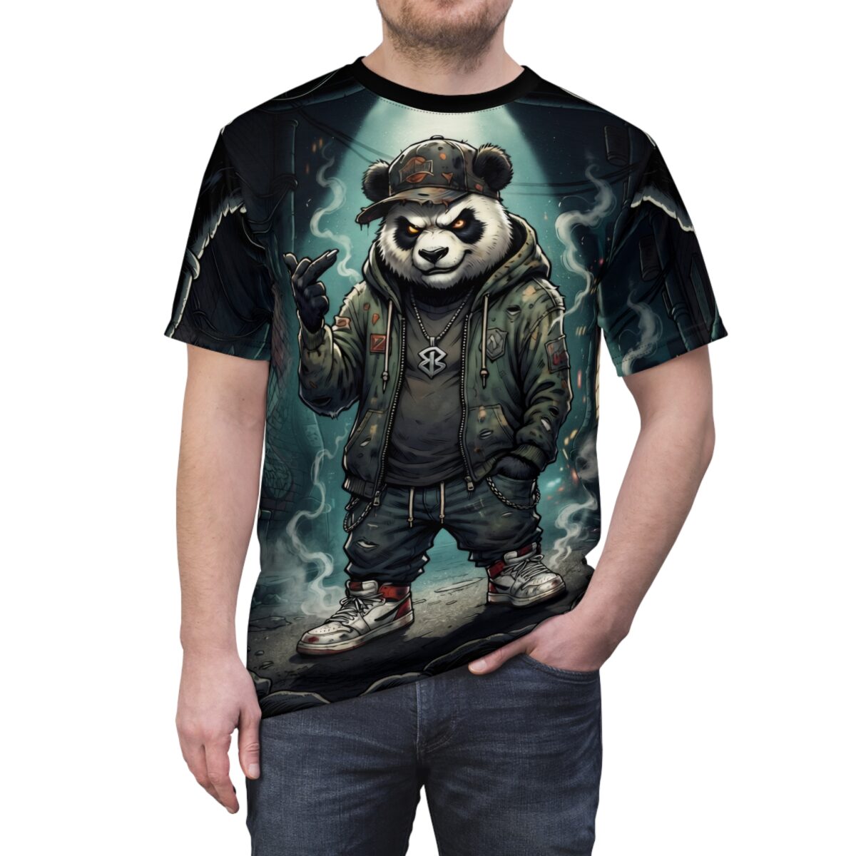 All over print streetwear aesthetic, cyber grunge panda character graphic, seamless sublimation tee, wrap around design.
