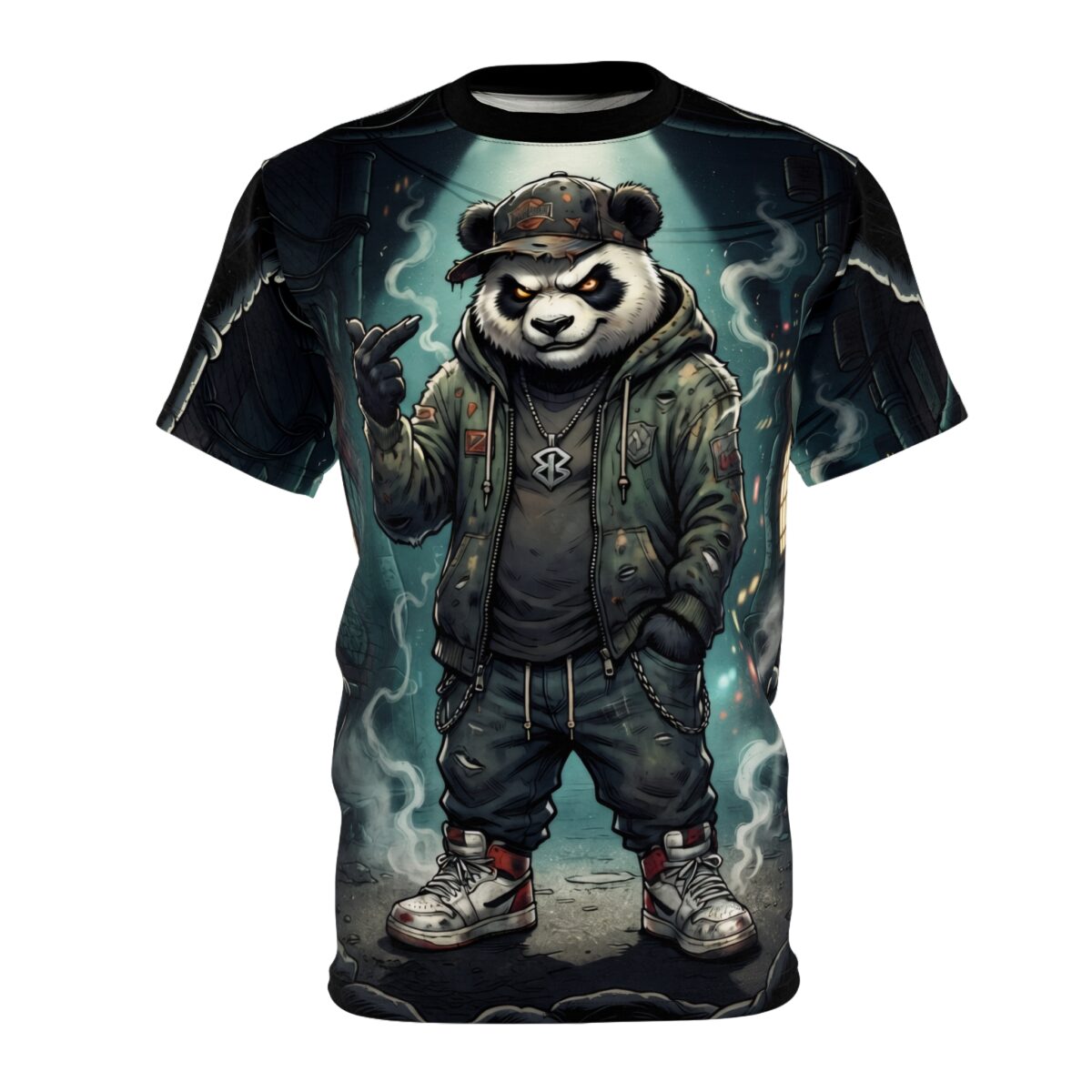 All over print streetwear aesthetic t-shirt, y2k graphic cyber grunge panda sublimation tee, seamless wrap around design.