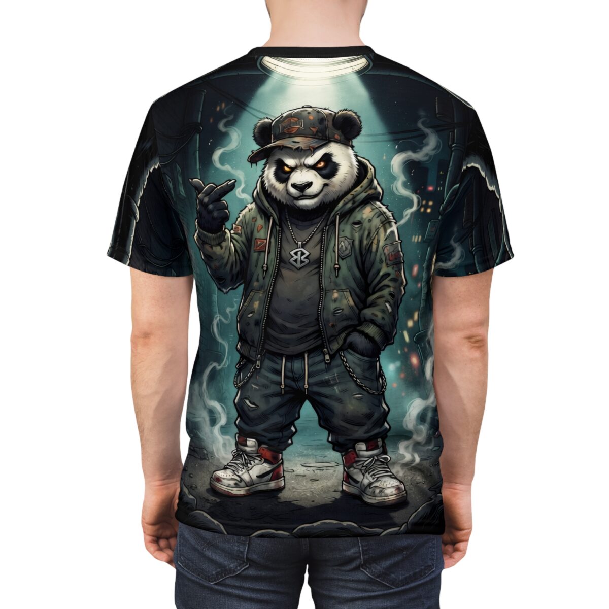 All over print streetwear aesthetic, hip hop panda graphic, y2k cyber grunge style, seamless sublimation wrap print.