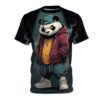 A t-shirt with a graphic of a stylized panda wearing a backwards baseball cap, red hoodie, yellow shirt, ripped jeans, and sneakers.
