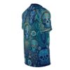 Teal and blue sugar skull sublimation tee with floral and vine all-over print design.