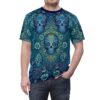 Blue and teal sugar skull graphic sublimation tee with floral bandana pattern, vintage pattern streetwear aesthetic.
