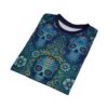 Blue sugar skull all over print sublimation tee with floral accents, featuring a vintage pattern and wrap around graphic design.