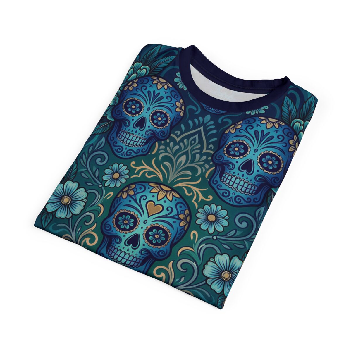 Blue sugar skull all over print sublimation tee with floral accents, featuring a vintage pattern and wrap around graphic design.