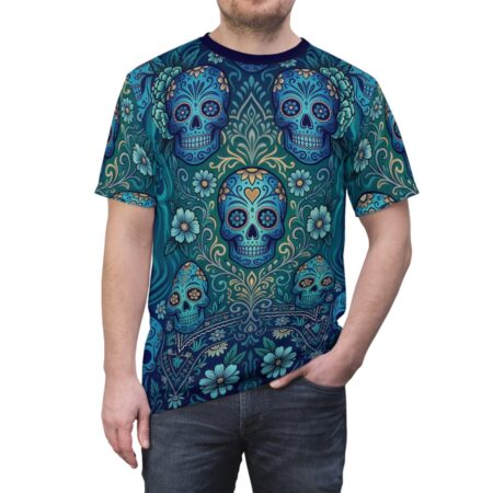 Blue and teal sugar skull graphic sublimation tee with floral bandana pattern, vintage pattern streetwear aesthetic.