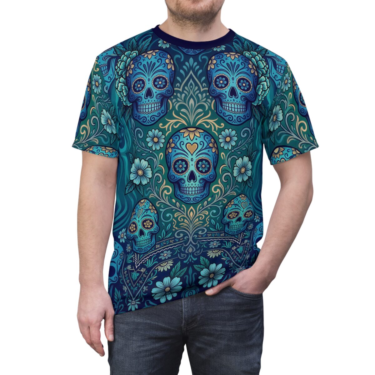 Blue and teal sugar skull graphic sublimation tee with floral bandana pattern, vintage pattern streetwear aesthetic.