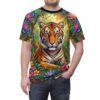 Tiger floral all over print sublimation tee featuring a vibrant jungle animal graphic and seamless wrap around pattern.