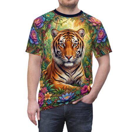 Tiger floral all over print sublimation tee featuring a vibrant jungle animal graphic and seamless wrap around pattern.