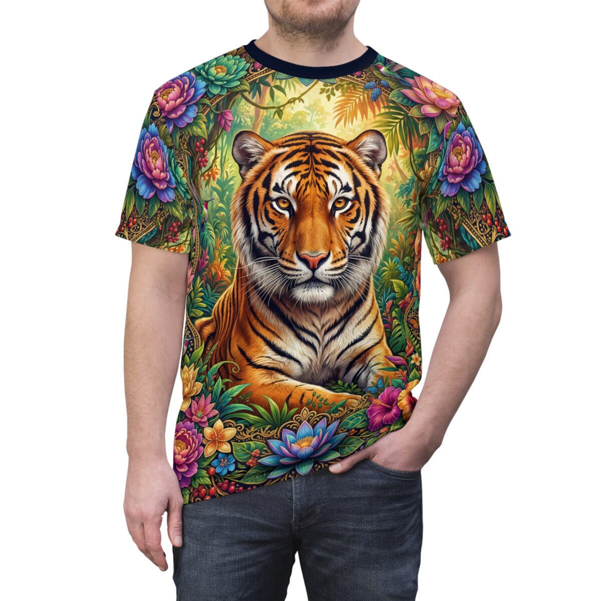 Tiger floral all over print sublimation tee featuring a vibrant jungle animal graphic and seamless wrap around pattern.