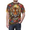Close-up of a tiger face surrounded by vibrant floral patterns on an all over print sublimation tee.