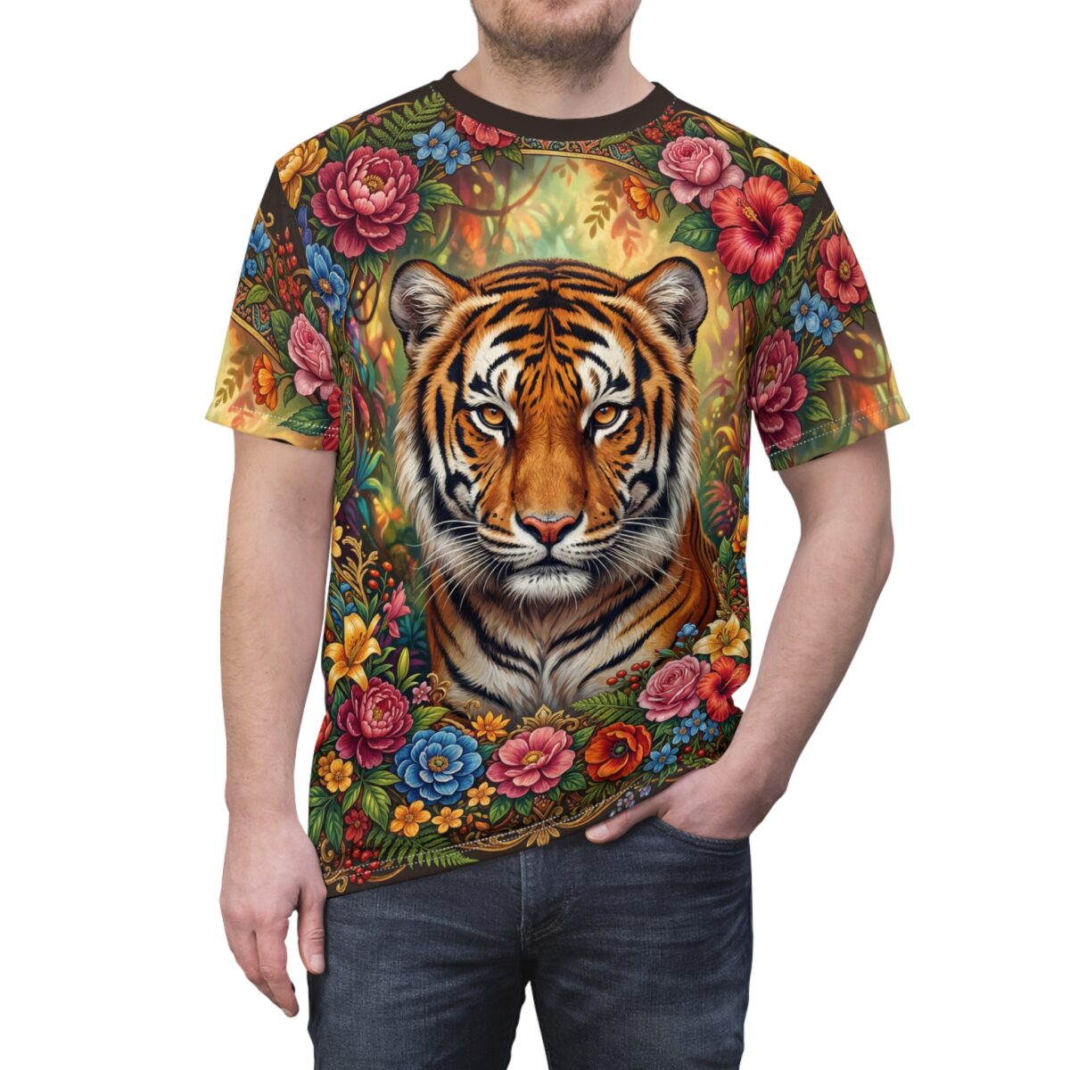 Close-up of a tiger face surrounded by vibrant floral patterns on an all over print sublimation tee.