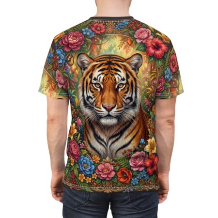 Tiger face and vibrant floral border all over print sublimation tee, featuring jungle foliage background.