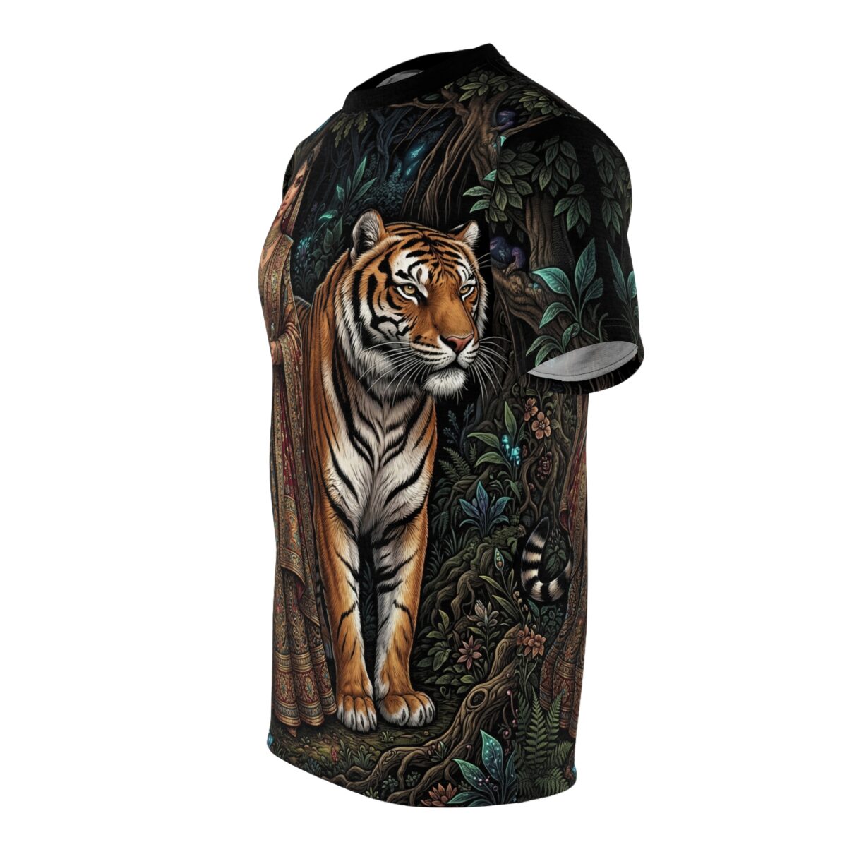 Tiger in a mystical forest all over print sublimation tee with intricate vintage pattern and vibrant green foliage.