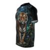 Tiger in mystical forest, woman warrior side, moonlit night, all over print sublimation tee.
