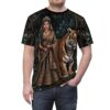 Indian empress with tiger in enchanted forest all over print sublimation tee, featuring detailed ethnic patterns and vibrant jungle graphic.