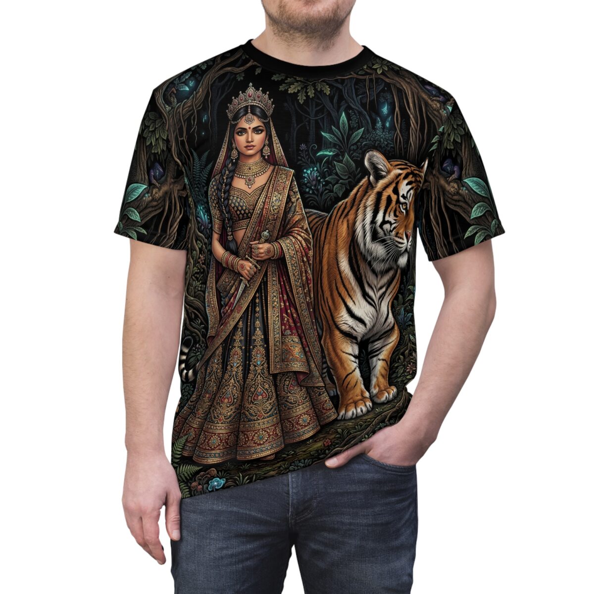 Indian empress with tiger in enchanted forest all over print sublimation tee, featuring detailed ethnic patterns and vibrant jungle graphic.