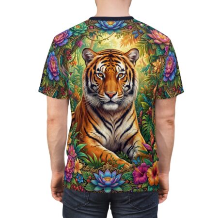 Tiger portrait surrounded by vibrant jungle flora and fauna, all over print sublimation tee, seamless wrap around graphic.