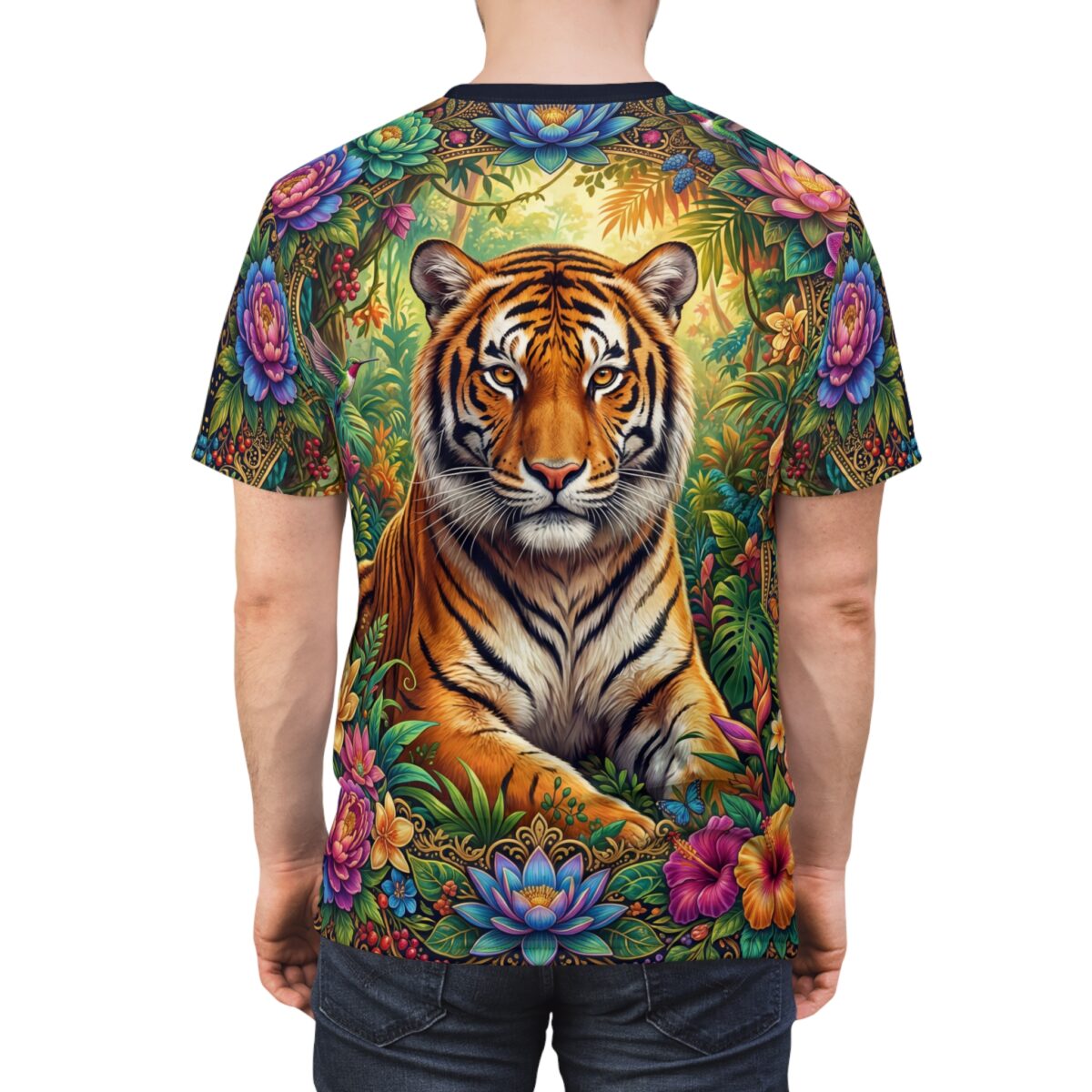 Tiger portrait surrounded by vibrant jungle flora and fauna, all over print sublimation tee, seamless wrap around graphic.