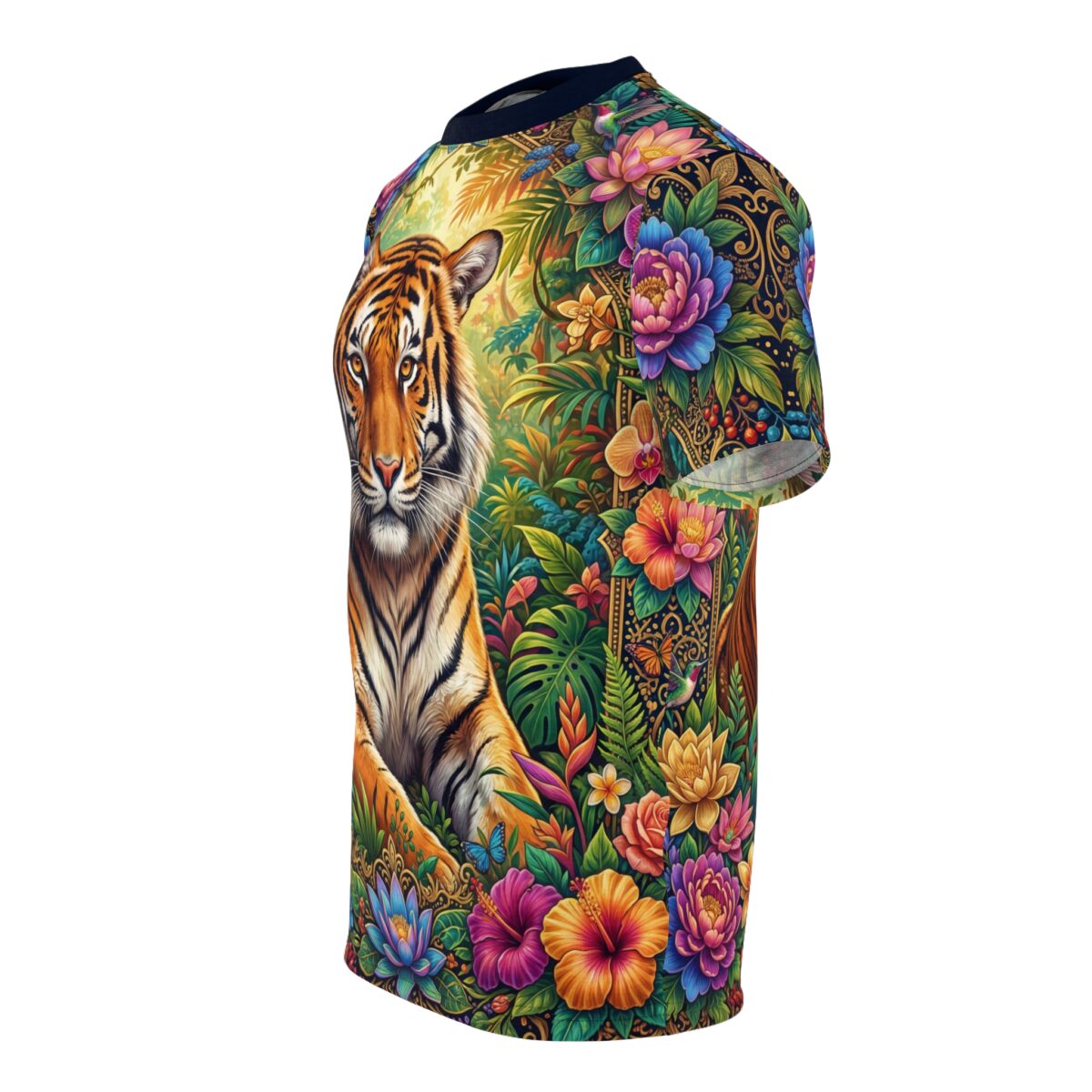 Tiger and vibrant tropical flowers sublimation tee with intricate jungle pattern. All over print wrap around graphic.