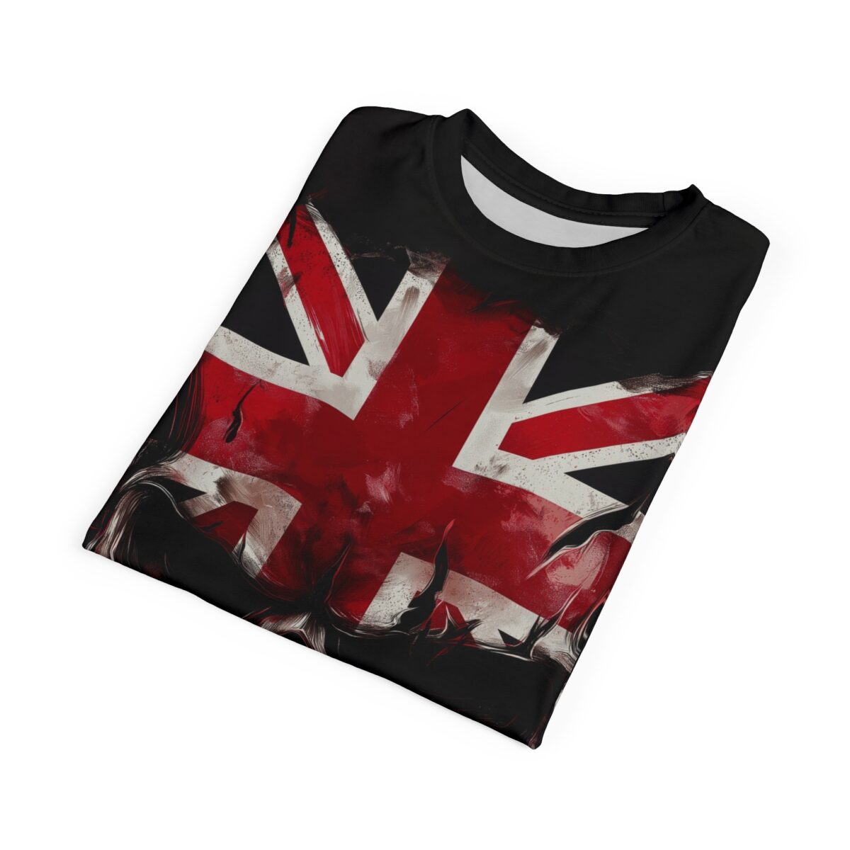 Black t-shirt with a distressed Union Jack flag graphic covering the front. White background.