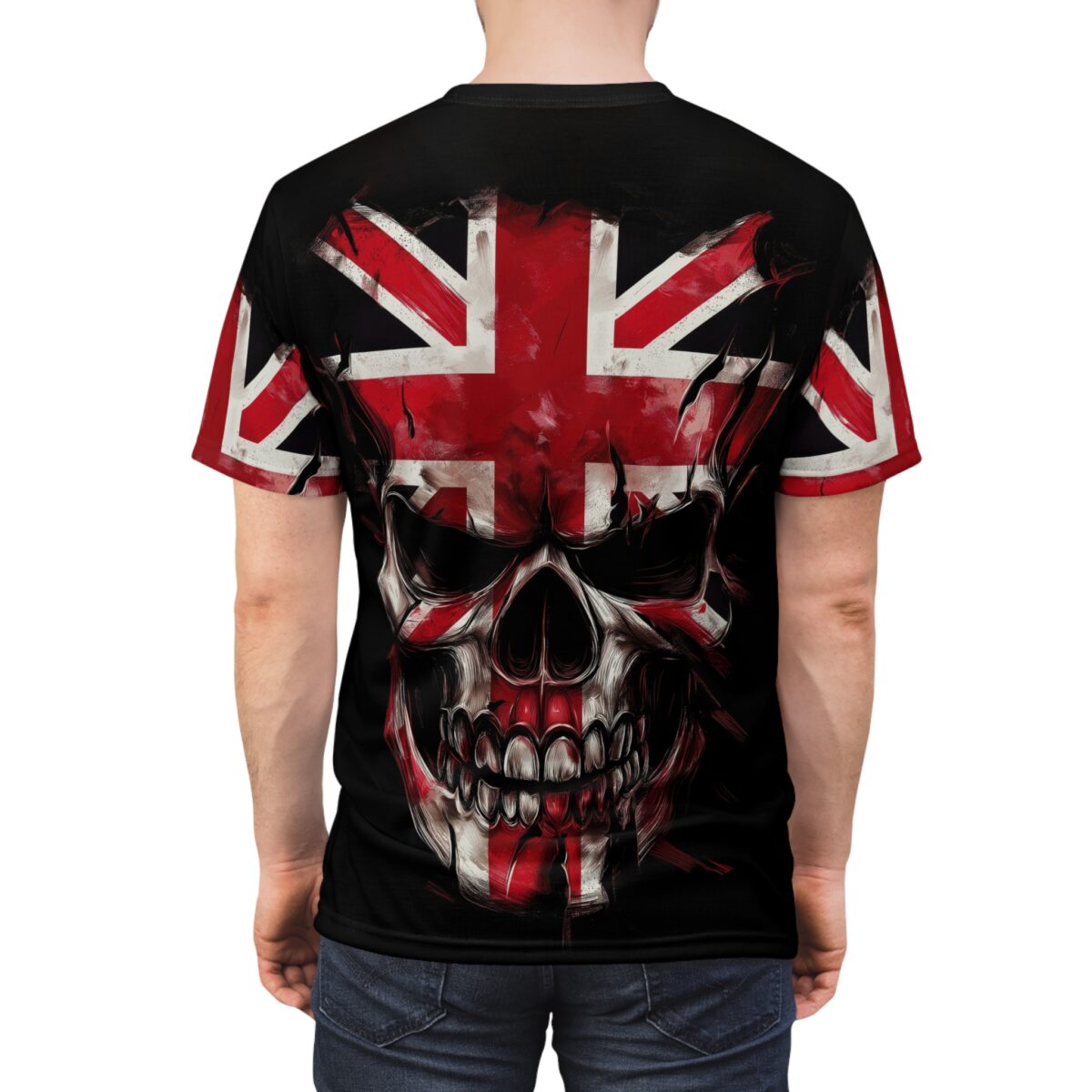 Man wearing a black t-shirt with a distressed Union Jack flag skull graphic on the back.