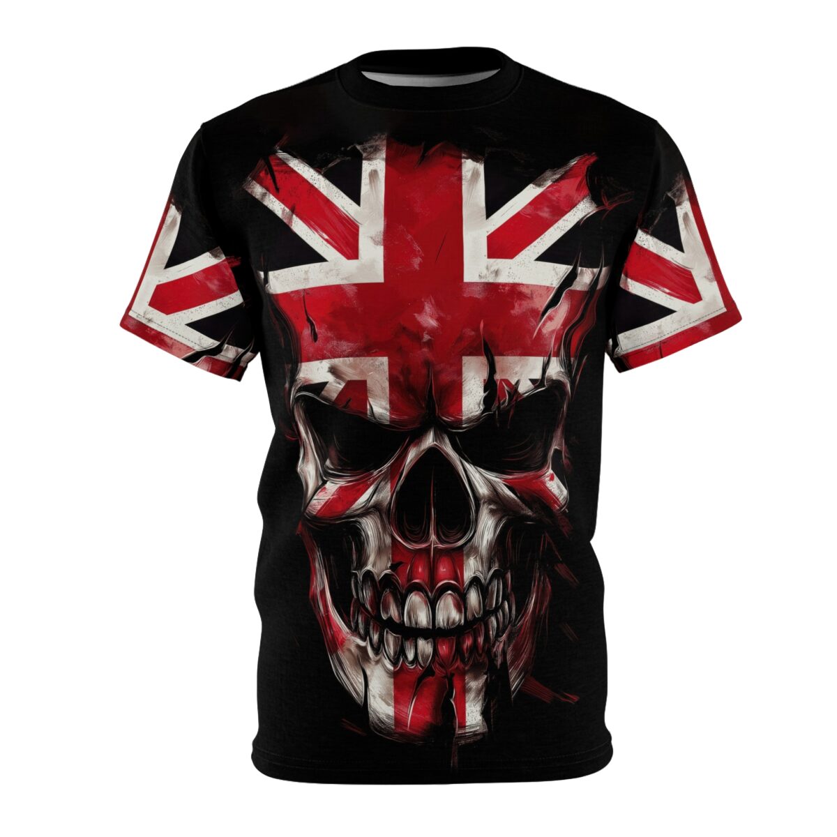 Black t-shirt with a distressed Union Jack flag graphic superimposed on a skull design.
