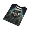 Dark teal and green tones cover this graphic streetwear tee, depicting a tough cartoon panda wearing cap and hoodie.
