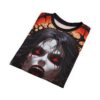 Vampire face all over print sublimation tee featuring glowing red eyes and blood details on a black graphic.