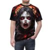 Vampire face all over print sublimation tee, terrifying red eyes, sharp fangs, and dark gothic aesthetic graphic.