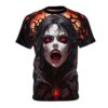 Vampire all over print sublimation tee featuring a gothic horror design with a screaming face, red eyes, and fangs.