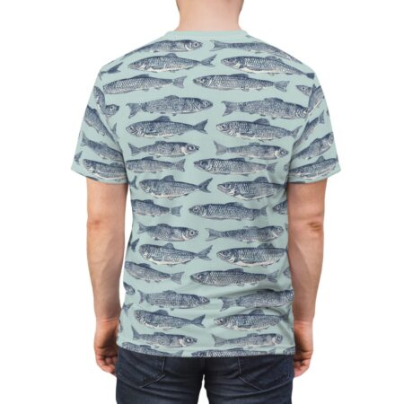 Blue fish pattern all over print sublimation tee featuring a seamless retro nautical repeat graphic design.
