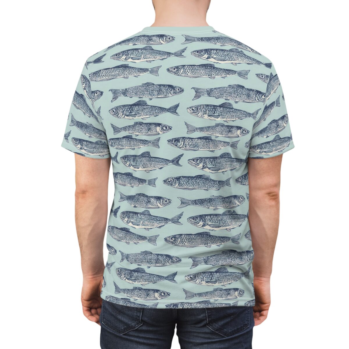 Blue fish pattern all over print sublimation tee featuring a seamless retro nautical repeat graphic design.
