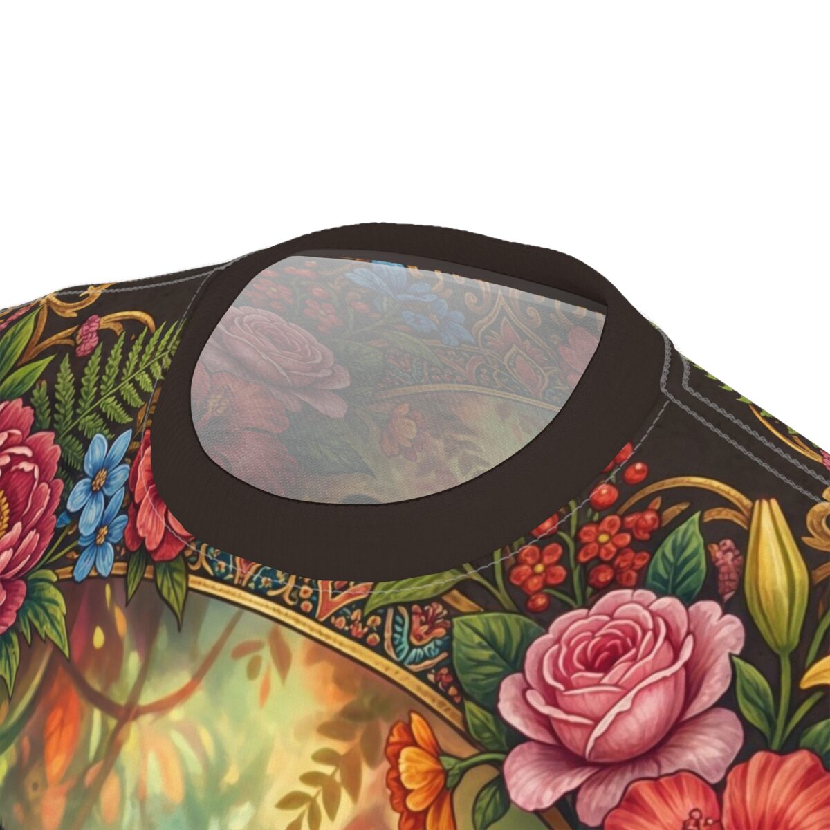 Vintage floral all over print sublimation tee featuring a detailed, ornate baroque pattern with roses and berries.