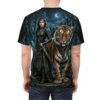 Warrior queen in green armor and tiger stand in a dark forest under a crescent moon, featuring a fantasy graphic sublimation tee.