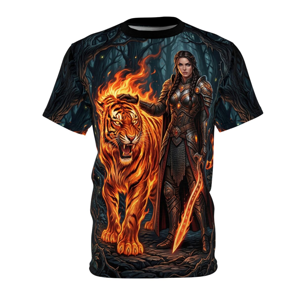 Warrior woman and fiery tiger all over print sublimation tee, featuring a dark forest fantasy graphic.
