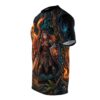 Fantasy warrior with tiger shield and sword, all over print sublimation tee featuring mystical fiery forest graphic.
