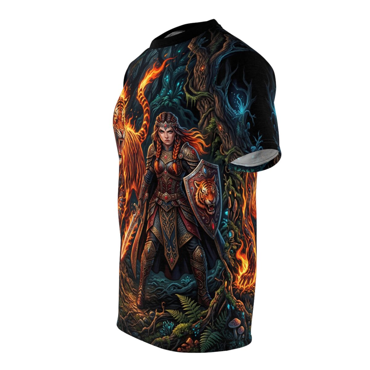 Fantasy warrior with tiger shield and sword, all over print sublimation tee featuring mystical fiery forest graphic.